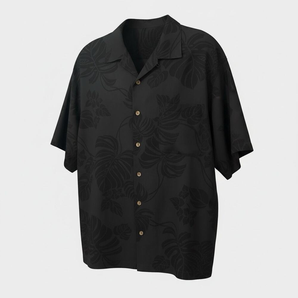 Tommy Bahama Shirt Men Large Black Button 100% Silk Hawaiian Short Sleeve Vacay